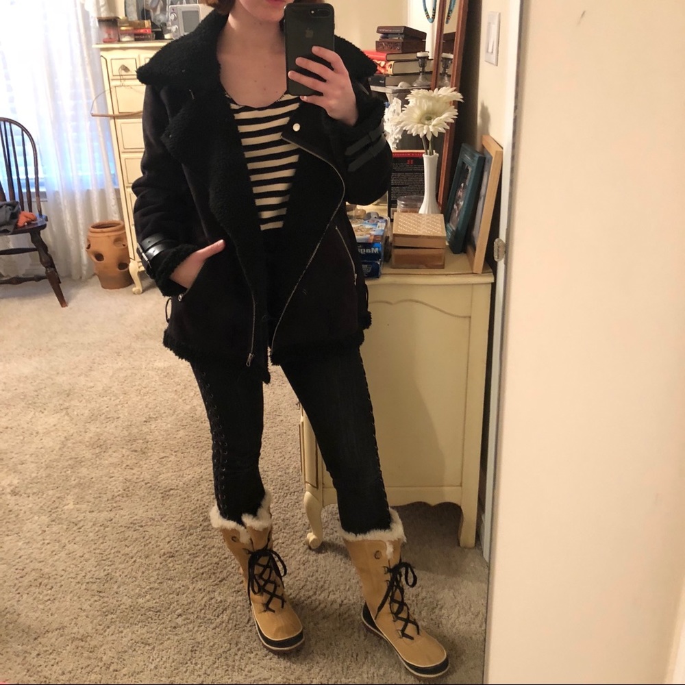 JOA Black Faux Suede Sherpa Aviator Jacket